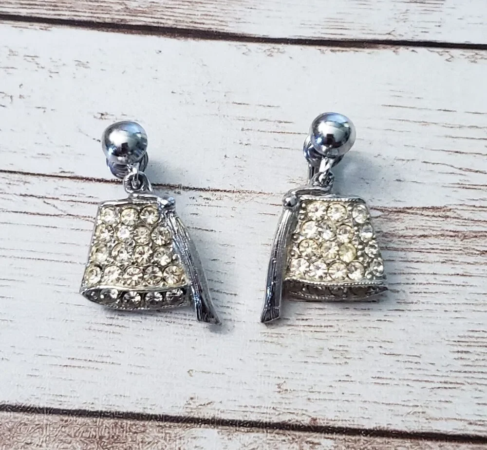 Vintage Clip On Earrings - Silver Tone & Clear Gem - Stamped RA